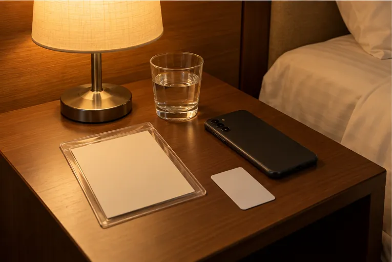 A clear card sleeve, a phone and a hotel key card on a bedside table