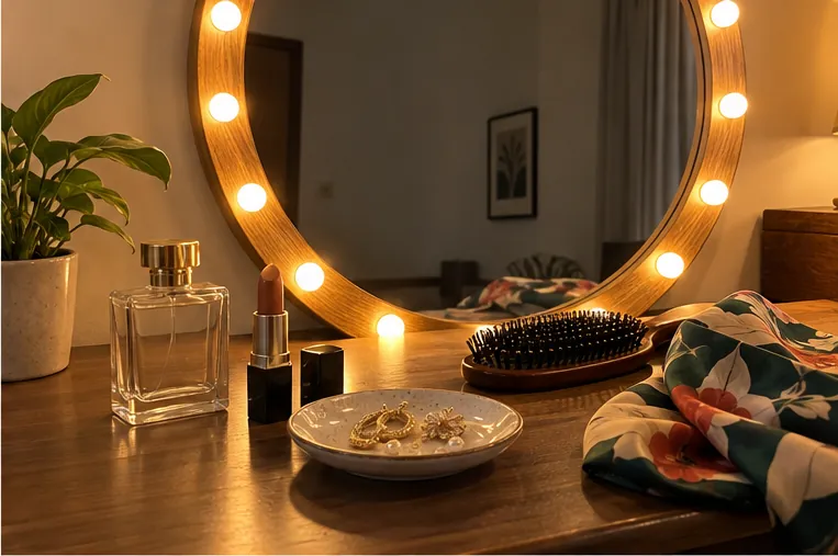 A dressing table with a lit mirror, perfume, lipstick and earrings