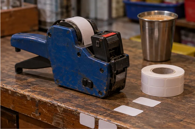 A shopkeeper price-labelling gun and a roll of price stickers on a wooden counter