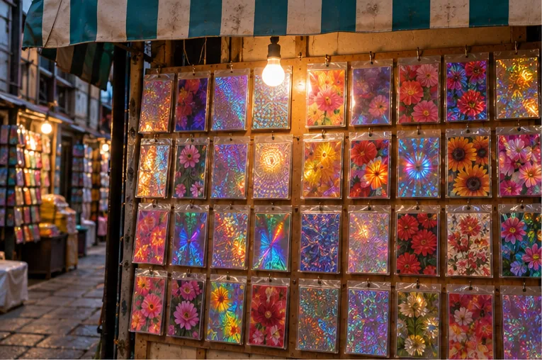 Shiny 3D flicker picture cards hanging on a bazaar stall pegboard at night